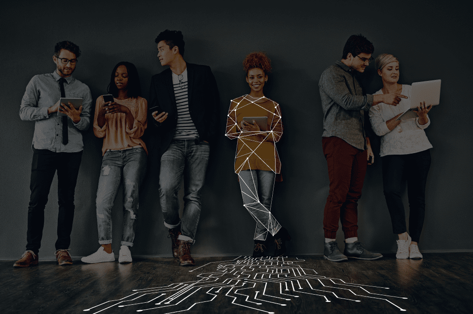 Group of people using technology, network lines