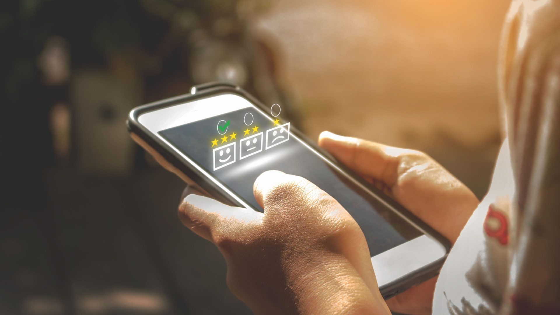Person giving five-star rating on phone.