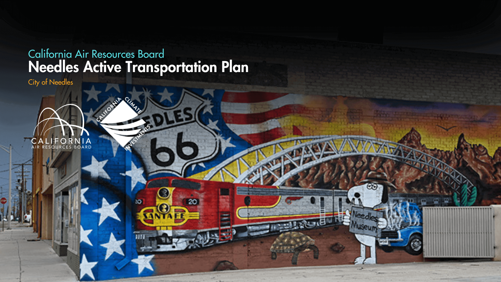 Route 66 mural with train and bridge.