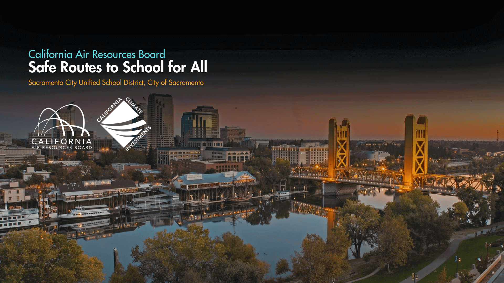 Sacramento cityscape with bridge and logos.