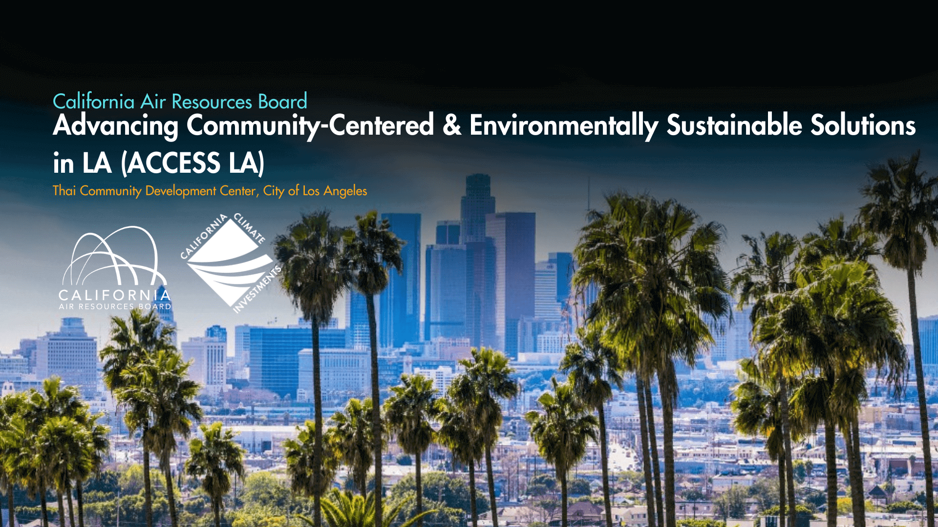 LA skyline with palm trees and logos.