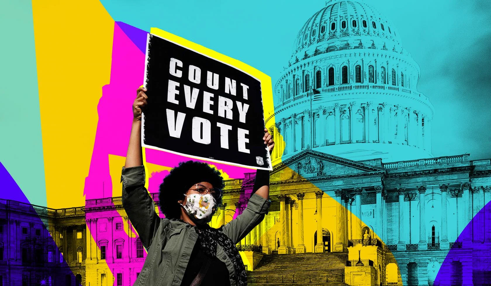Person holding "Count Every Vote" sign in front of Capitol Building.