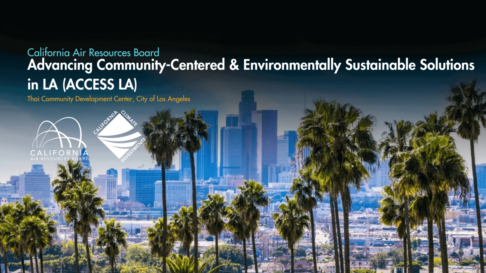 LA skyline with palm trees and logos.