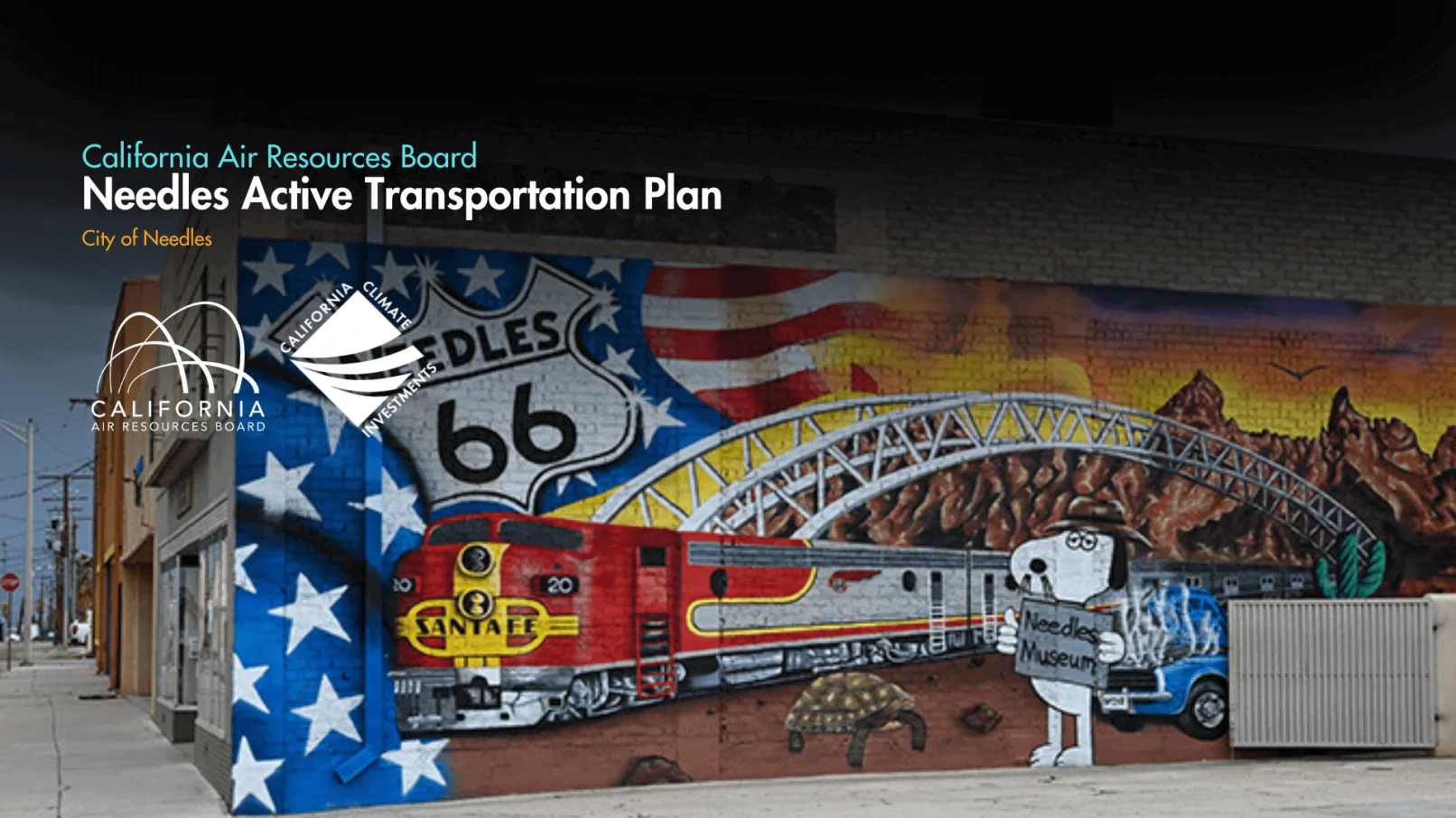 Route 66 mural with train and bridge.
